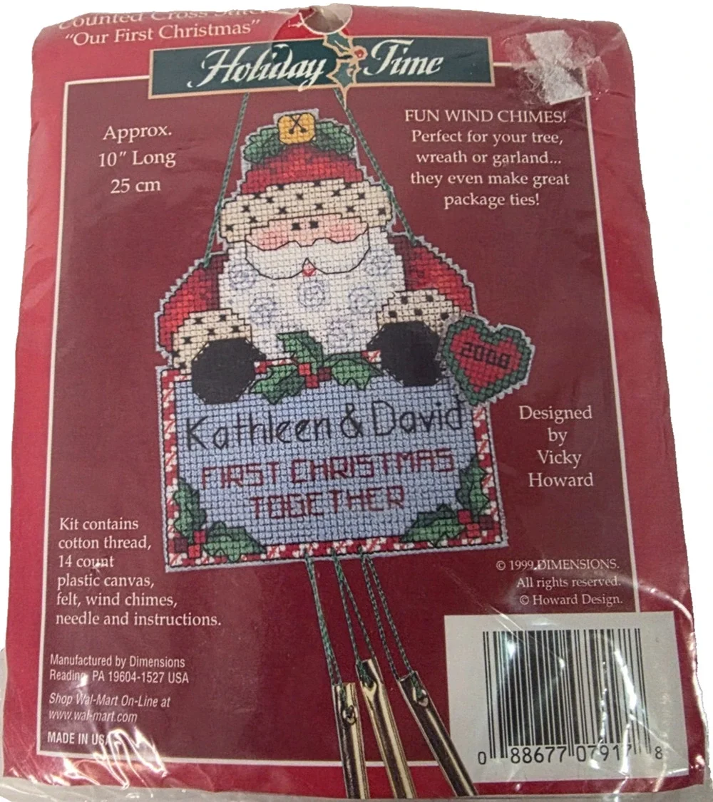 Vintage 1999 Dimensions Our First Christmas Cross Stitch Wind Chime Kit 10